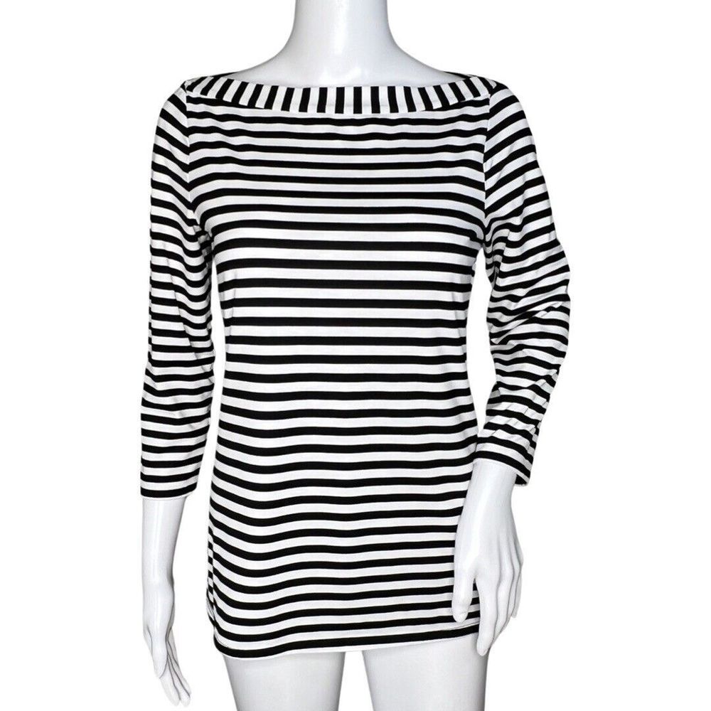 Manoukian Shirt Womens Small Black White Striped‎ Tee TShirt Essential Casual